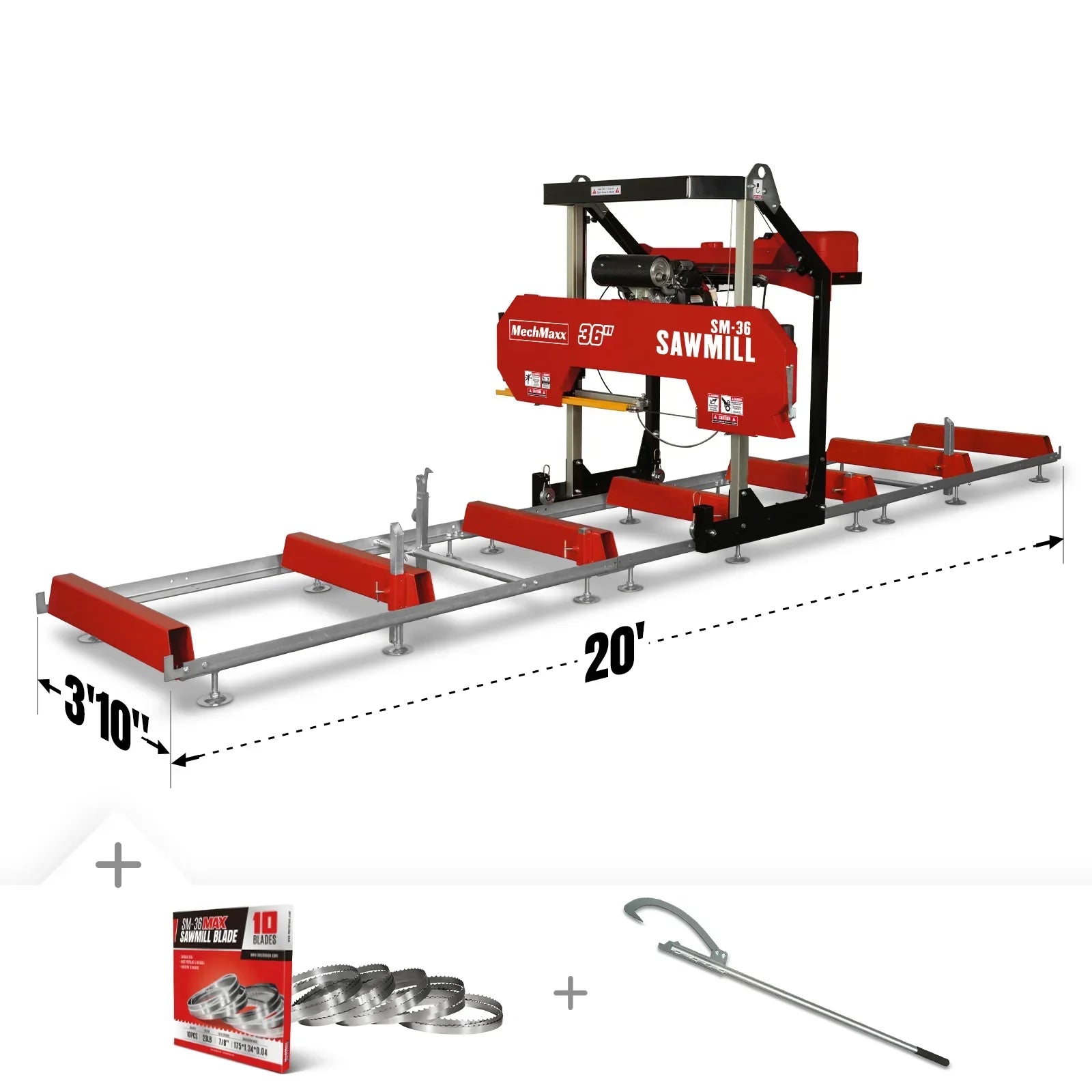 36″ MAX Portable Sawmill, 25HP 688cc HONDA GX690 V-Twin Engine, 36″ Board Width, 20′ Track Length, (10 x Blades Included), SM-36HMAX